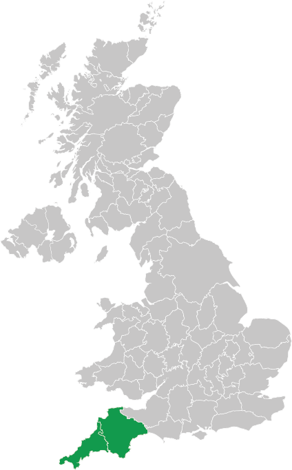 Devon and Cornwall counties highlighted on the map of UK